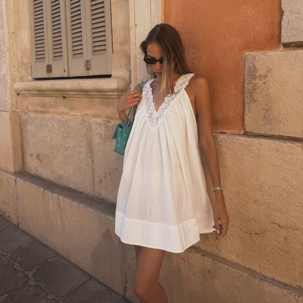 Helsa Mini Dress With Lace in Tech Poplin White Causal